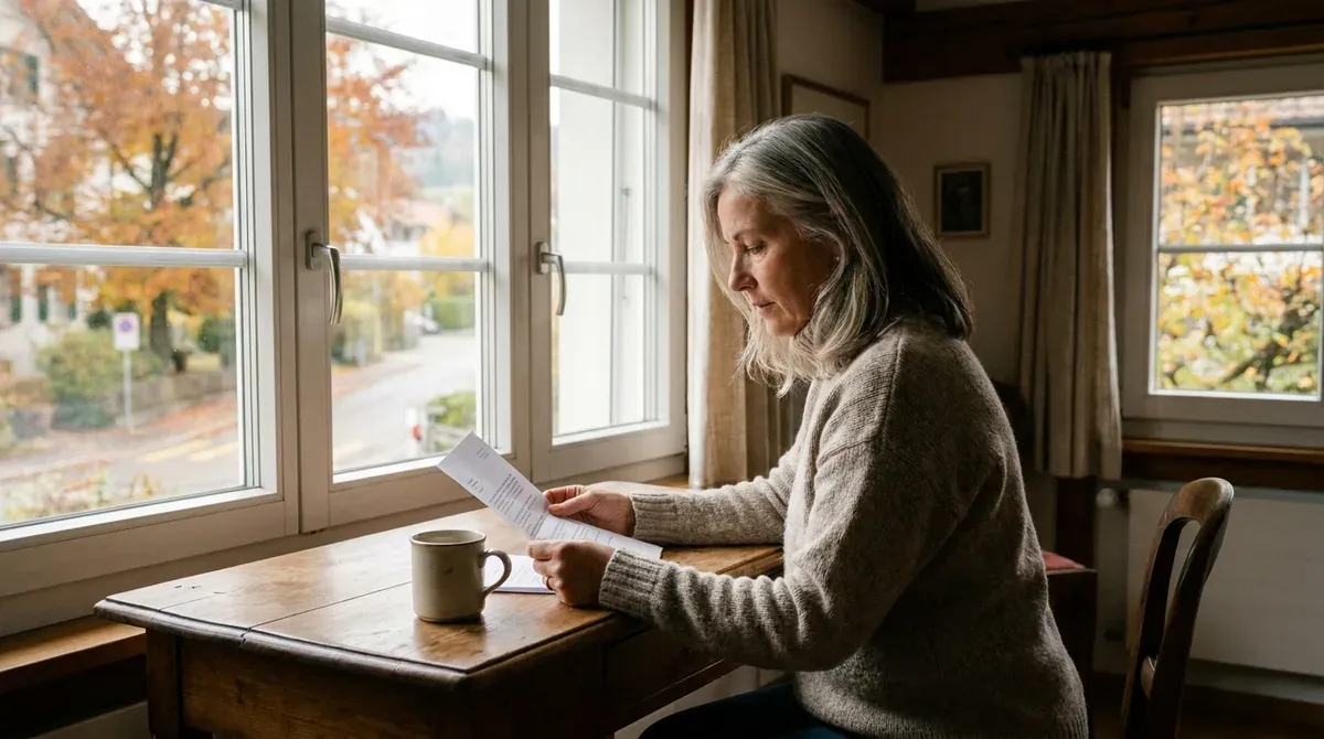 Femme d'une cinquantaine d'années consultant un document à son bureau, dans un appartement suisse en automne
