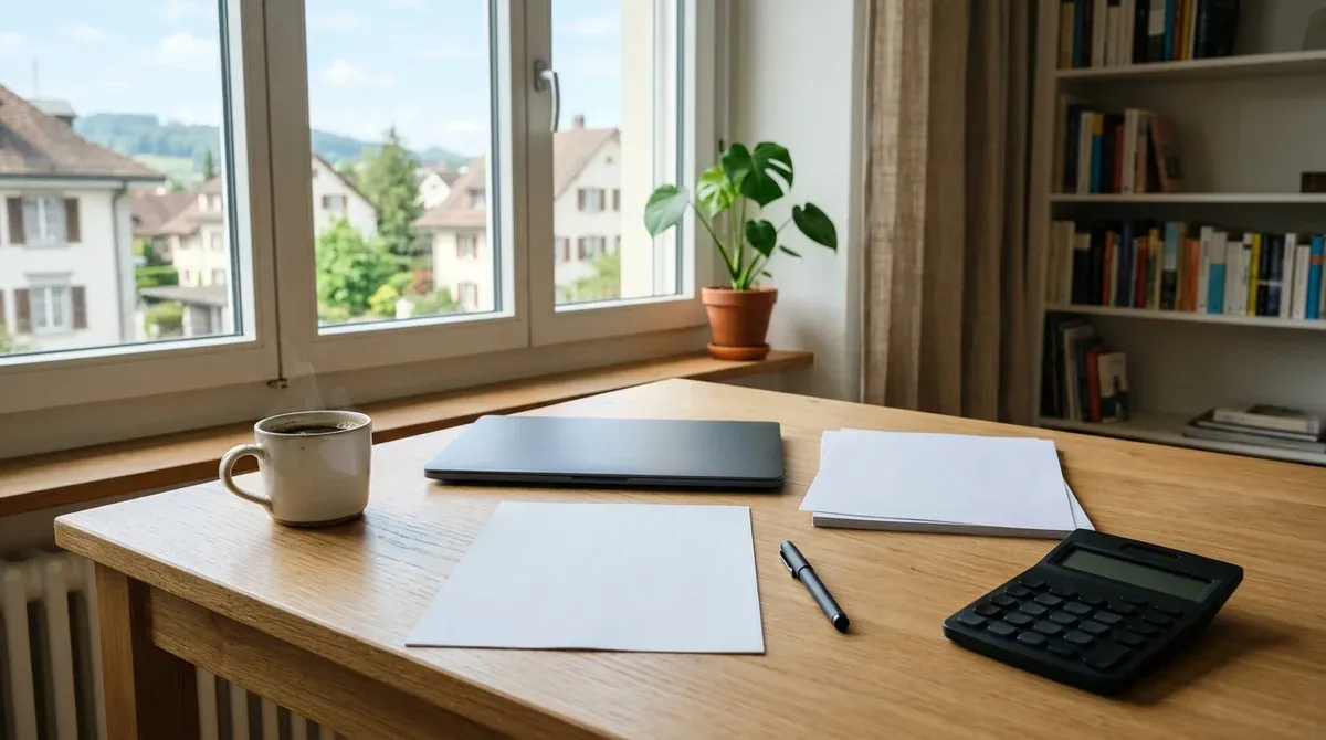 Fiche de salaire vierge et calculatrice posées sur un bureau en bois dans un appartement suisse lumineux