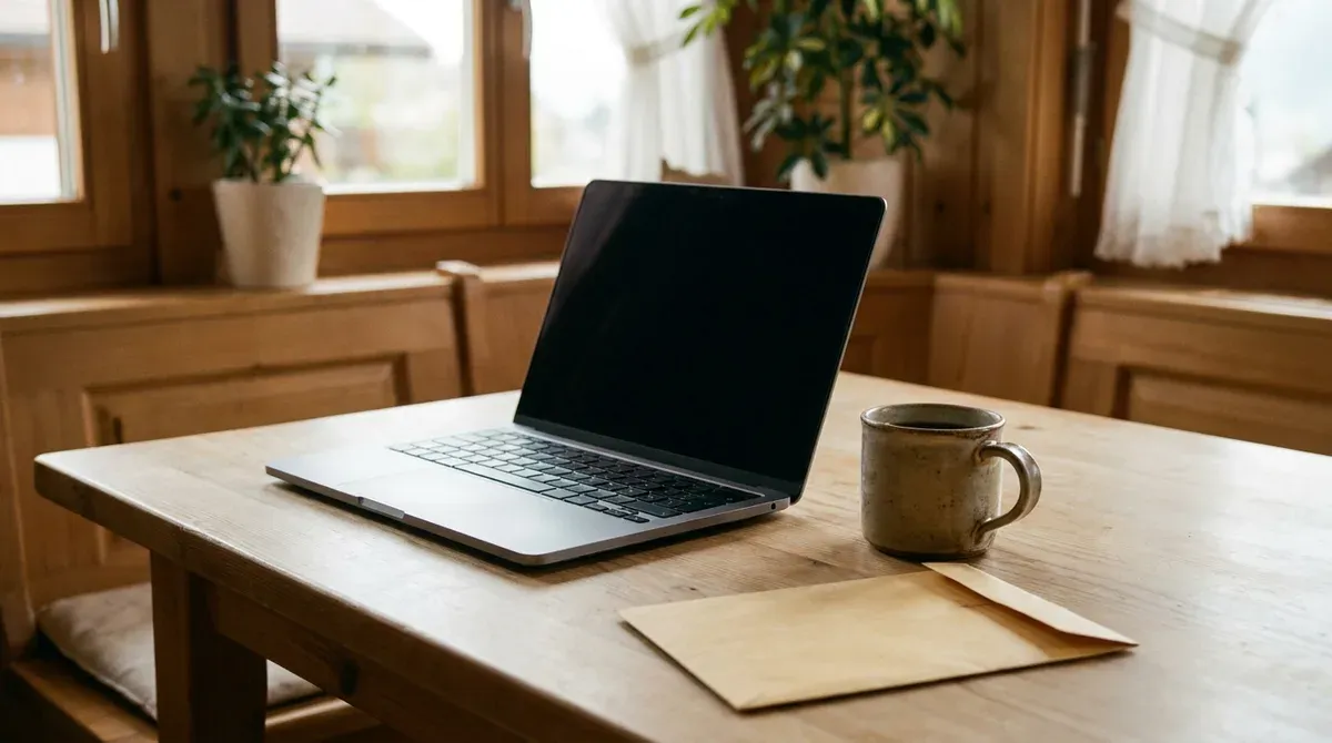 Ordinateur portable ouvert sur une table en bois, à côté d'une enveloppe et d'une tasse de café