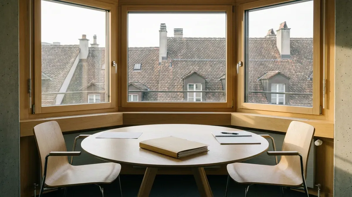 Salle de réunion vide dans un bureau suisse, deux chaises face à face autour d'une table en bois clair avec un dossier fermé