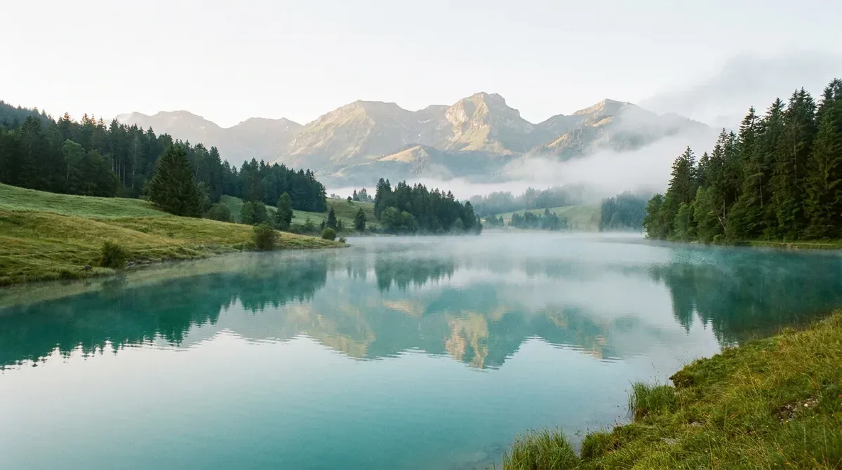 Lac de la Gruyère au petit matin, rives vertes et sommets des Préalpes fribourgeoises en arrière-plan