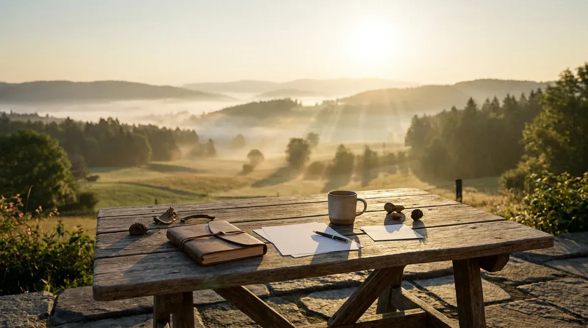 Table de jardin avec un carnet et une tasse sur une terrasse face aux crêtes boisées du Jura dans la brume du matin