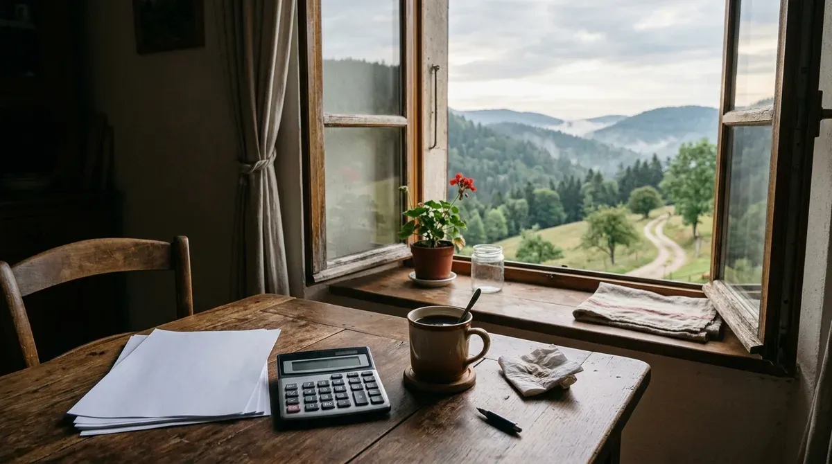 Documents de prévoyance et calculatrice posés sur une table de cuisine, avec vue sur les collines du Jura au petit matin