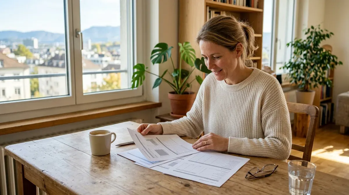 Une femme lit son certificat de prévoyance à la table de son salon, ordinateur portable ouvert à côté