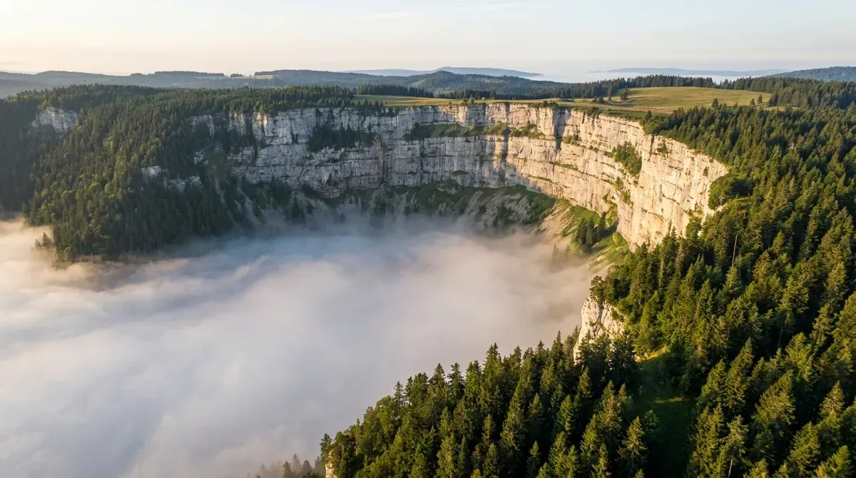 Cirque rocheux du Creux du Van dans le Jura neuchâtelois, falaises calcaires et forêts en contrebas
