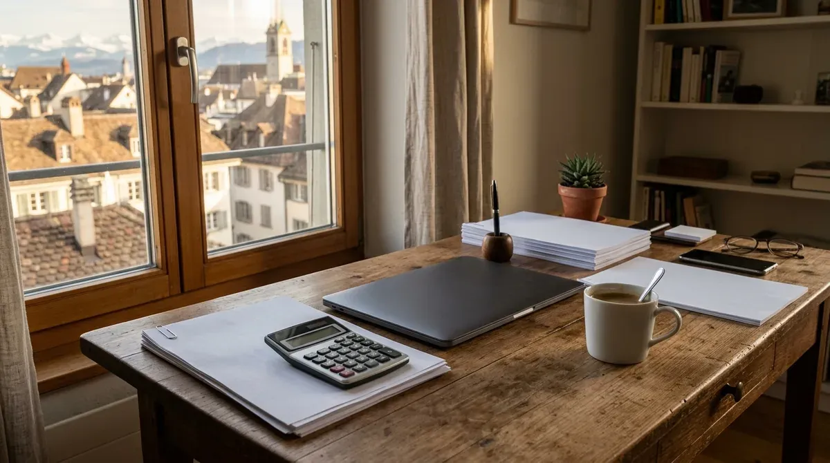 Bureau à domicile avec des documents de prévoyance, une calculatrice et un ordinateur portable fermé
