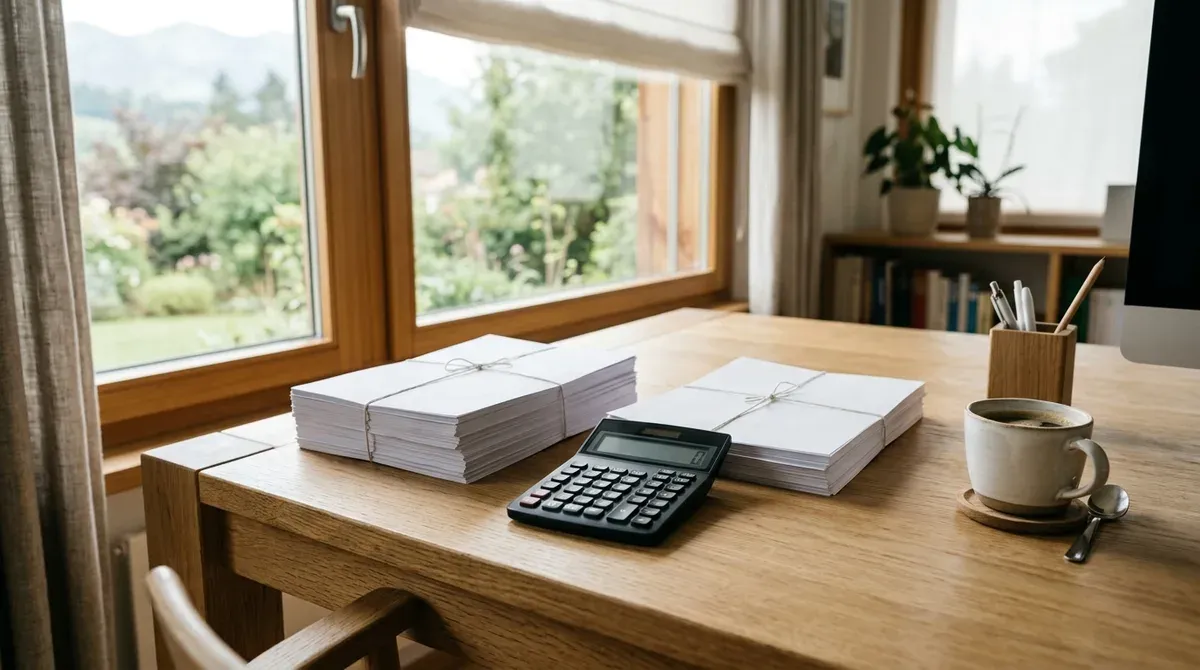 Deux piles de documents de prévoyance posées côte à côte sur un bureau, calculatrice entre les deux