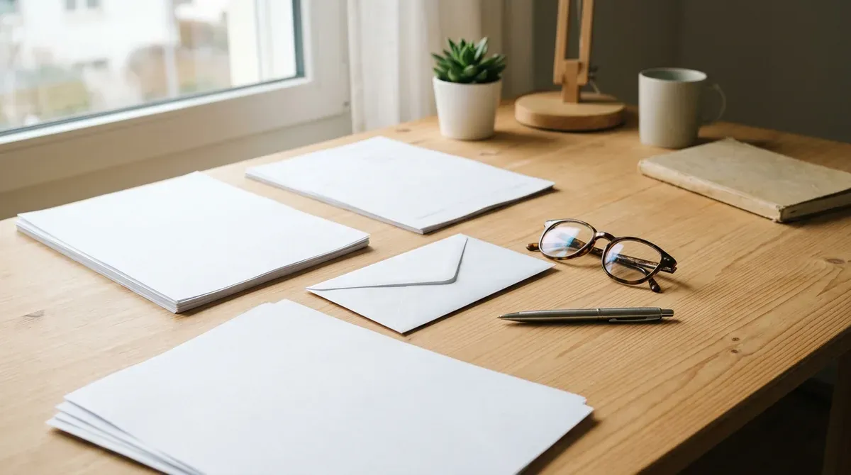 Formulaires de prévoyance et enveloppe posés sur un bureau en bois clair avec des lunettes et un stylo