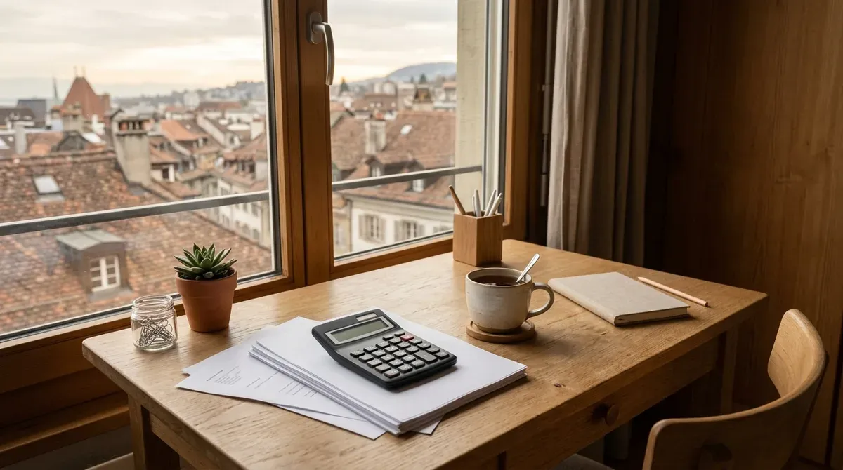 Calculatrice et documents de prévoyance posés sur un bureau devant une fenêtre donnant sur des toits suisses
